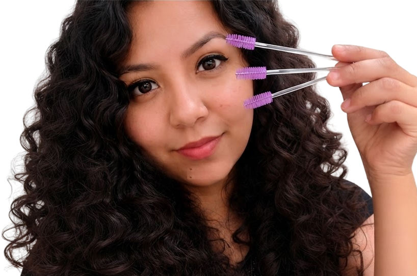 Profissional Danyele segurando escovas de cílios